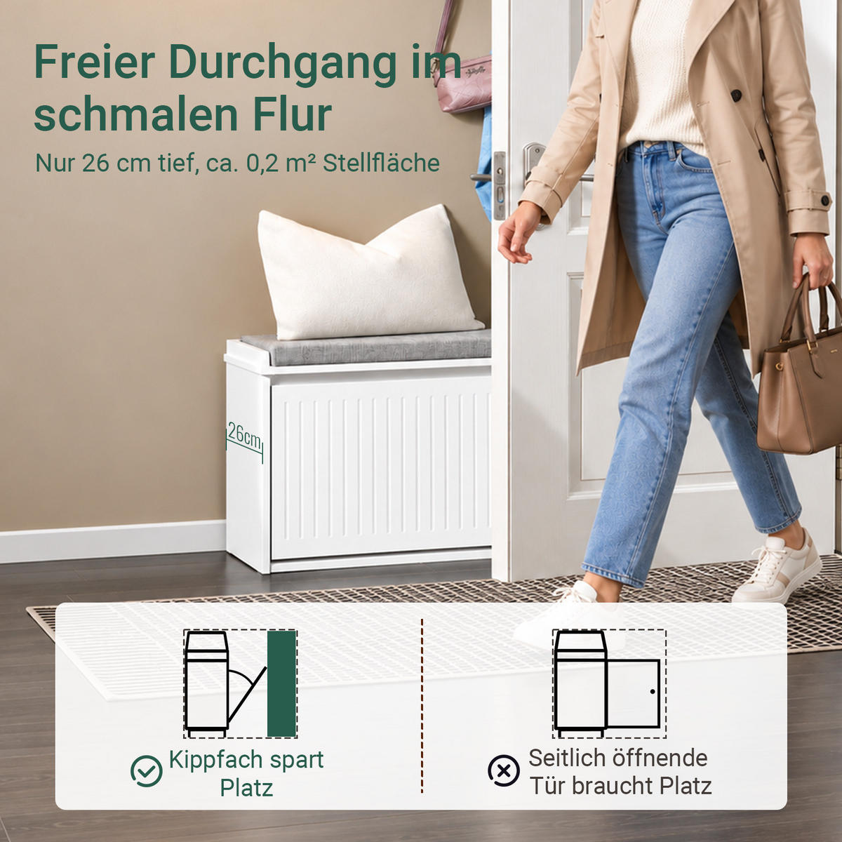 SCHUHBANK Weiß, 100 x 46 x 26 cm, 2 Klappen für ca. 8 Paar Schuhe, bis 158 kg, abnehmbares Sitzpolster, Filzgleiter - Weiß, Holzwerkstoff (100/46/26cm) - SoBuy