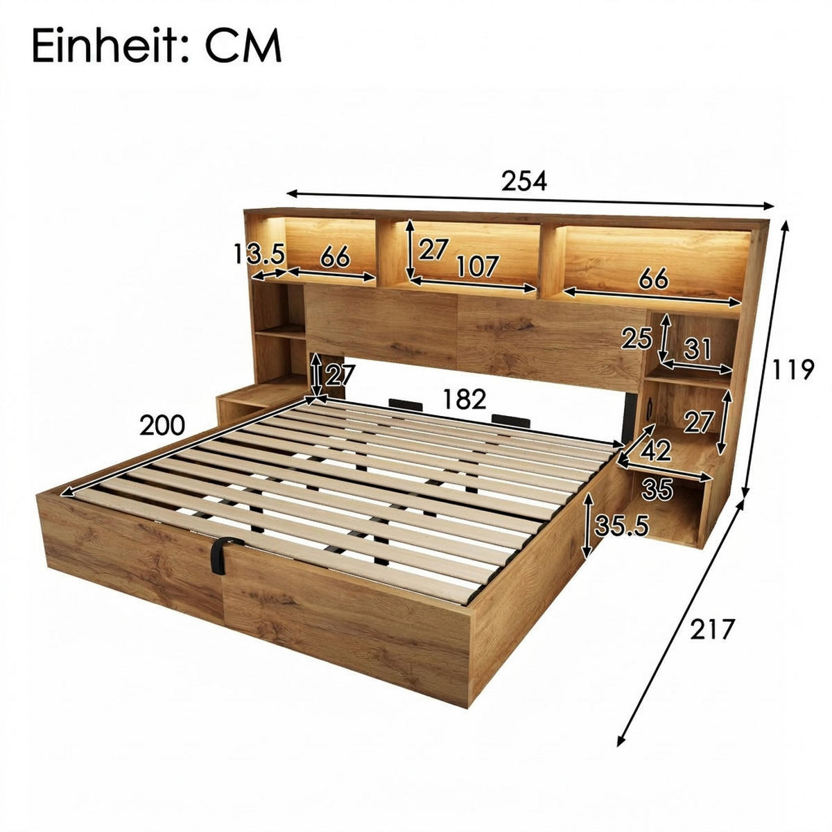 POLSTERBETT 180/200 cm Eiche mit integrierten Nachttischen, LED und USB-C, Ohne Matratze - Eichefarben, Holz (180/200cm) - Oxeza