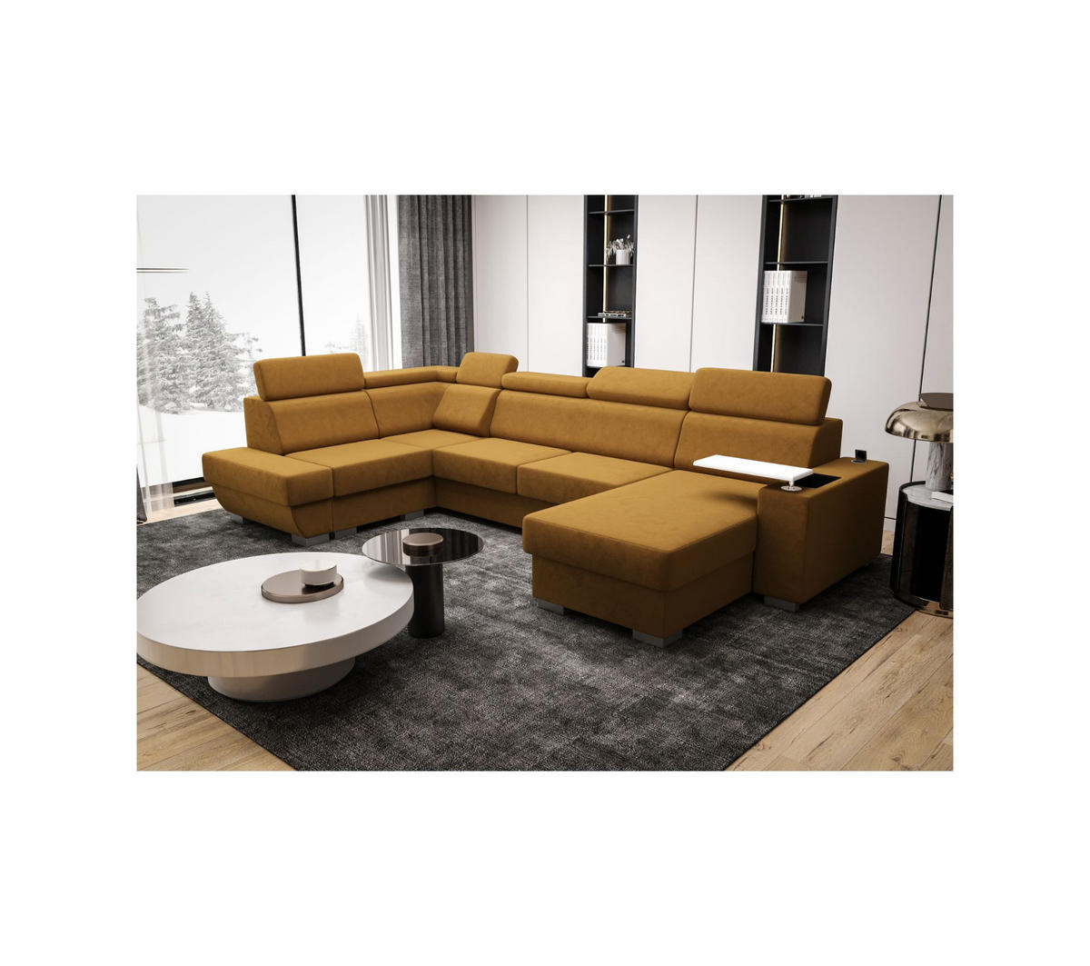 WOHNLANDSCHAFT KONGO RBN20, Eckcouch in U-Form mit Schlaffunktion, Farbe: Gelb, Velourstoff, Ottomane Rechts - Gelb, Textil (340/103/200cm) - O-Sofa