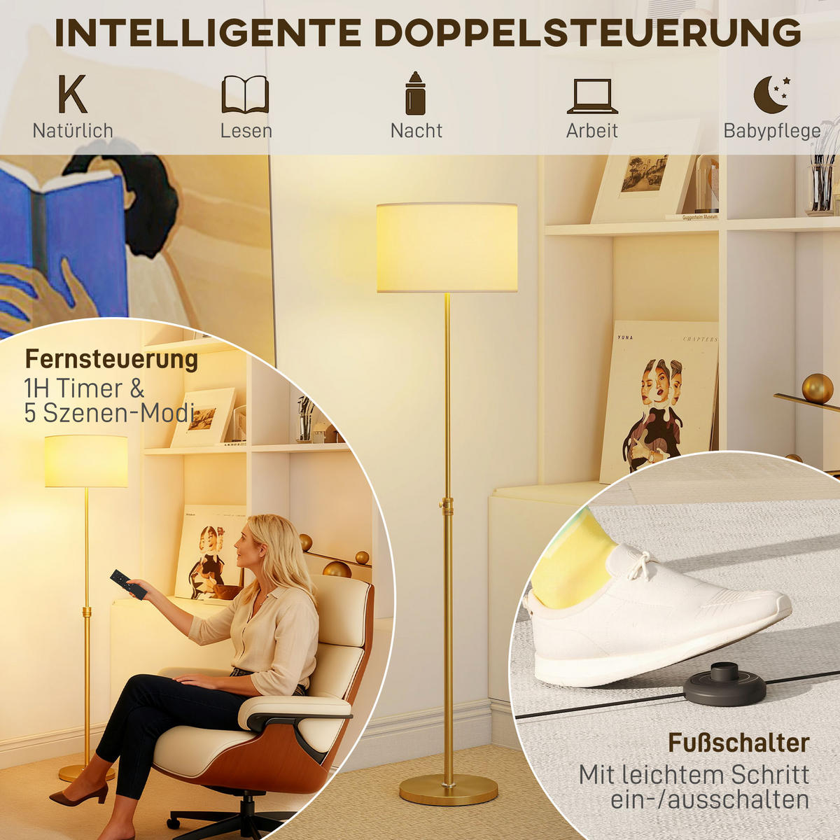 STEHLAMPE dimmbar mit Leinen-Lampenschirm Gold - Goldfarben, Metall (40/40/168cm) - HOMCOM