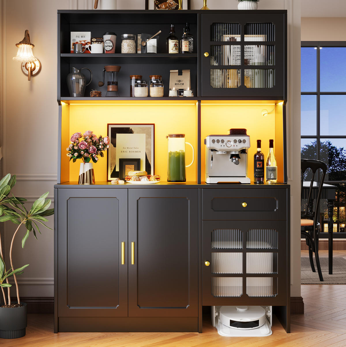 BUFFETSCHRANK 130/45/180 cm mit LED-Beleuchtung, Glastüren und viel Stauraum, MDF, Schwarz - Schwarz, Holzwerkstoff (130/180/45cm) - Redom