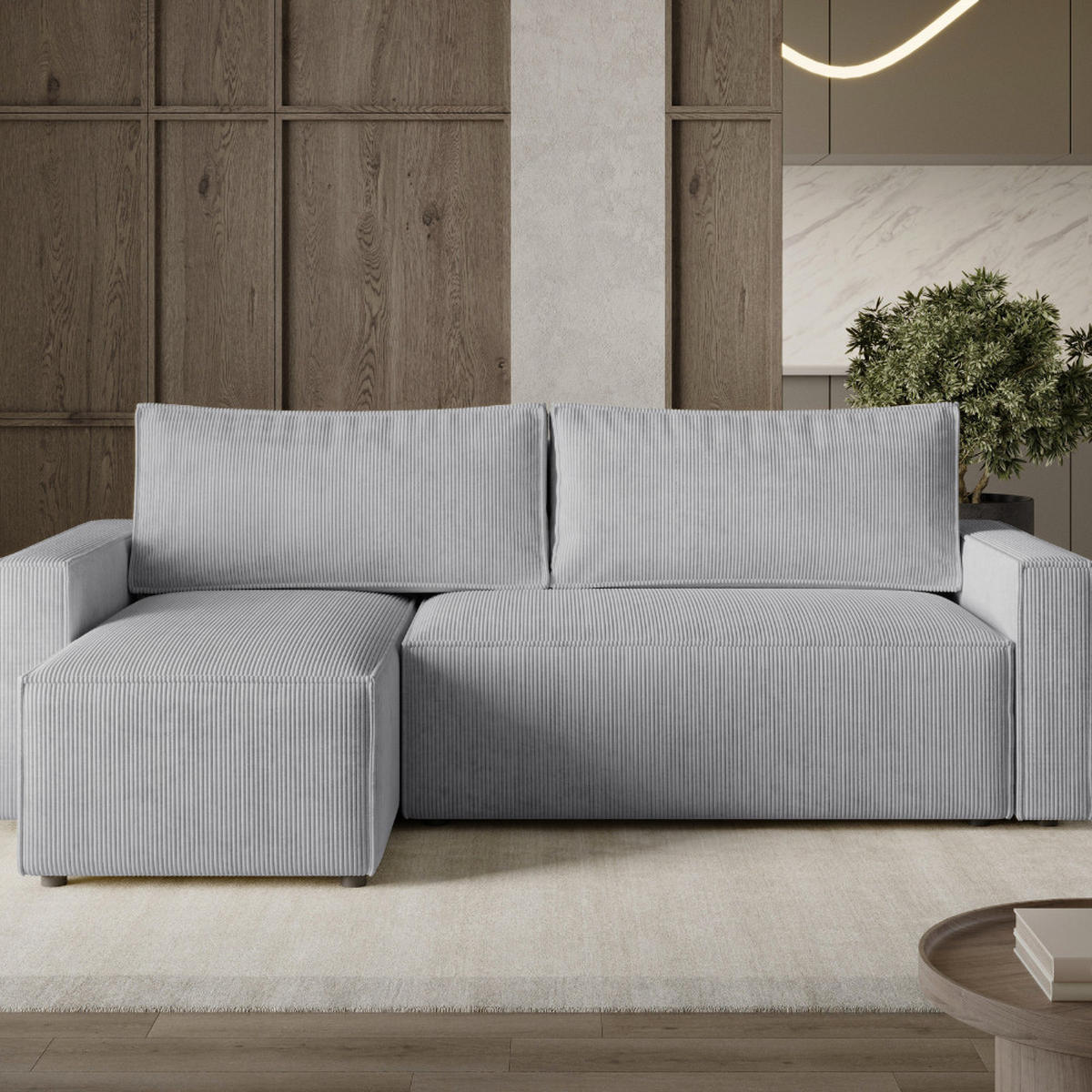 ECKSOFA LIVIO S mit Schlaffunktion, universell montierbar - POSO 55 - Grau, Holz (230/142cm) - Dekori_Interiors