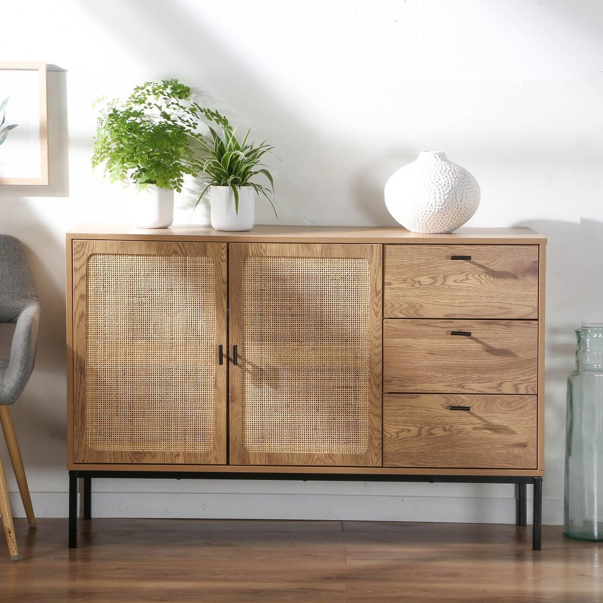 SIDEBOARD mit 2 türen und 3 schubladen aus rattan jaya 120/40/80 cm - Eschefarben, Holzwerkstoff (120/80/40cm) - Calicosy