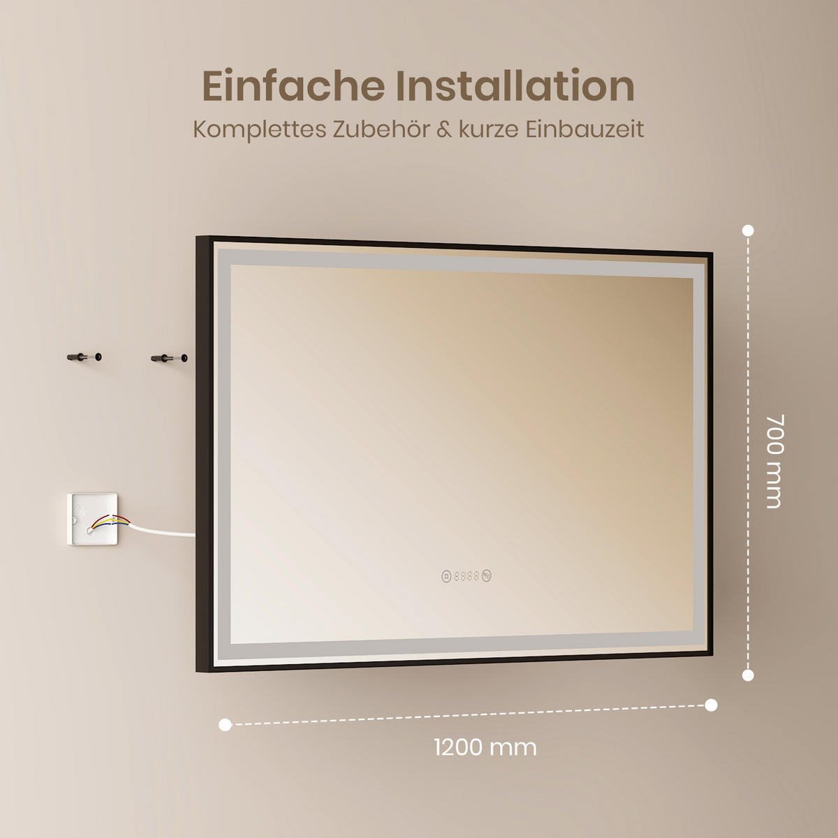 BADSPIEGEL mit Beleuchtung Schwarzer Rahmen 120/70 cm - Weiß, Glas (70/4/120cm) - EMKE