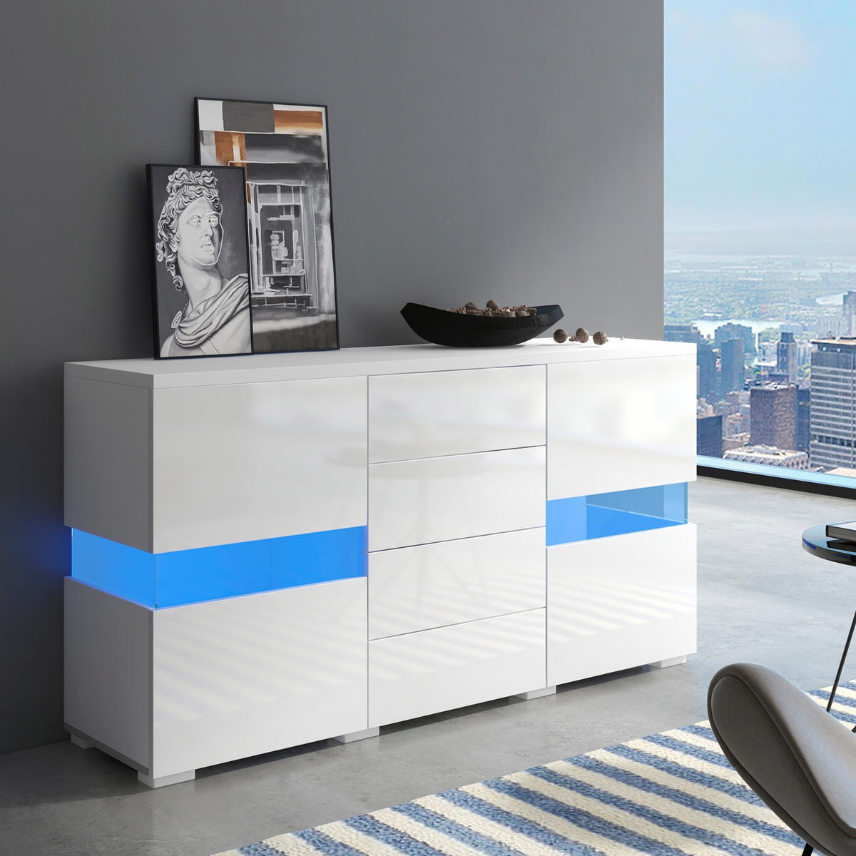 SIDEBOARD 140/35/72 cm in Weiß mit LED-Beleuchtung und 4 Schubladen - Weiß, Holzwerkstoff (145/72/35cm) - Flora Grace