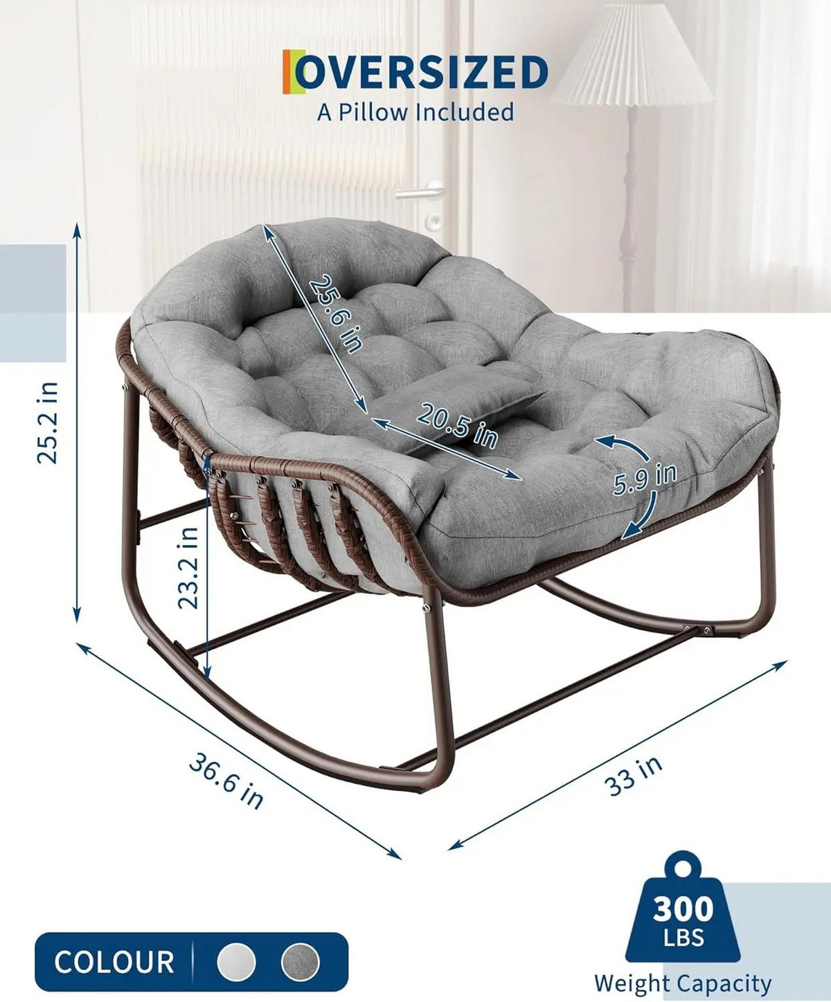 SCHAUKELSTUHL Rattan mit dicker Polsterung, großer Lounge-Eierstuhl für Garten und Innenbereich, Grau - Grau, Textil (83/64/92cm) - Kaket
