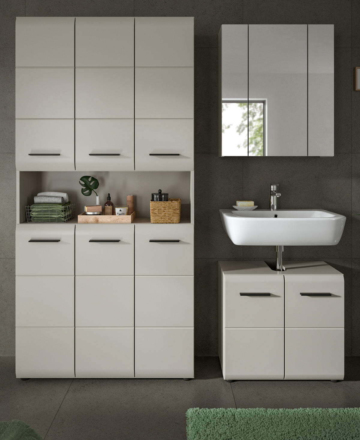 BADMÖBEL-SET Kaschmir 3-teilig 165 cm, Komplettset mit XXL Badschrank - Kaschmir/Schwarz, Glas/Holzwerkstoff (165/185/30cm) - Inn.Furn