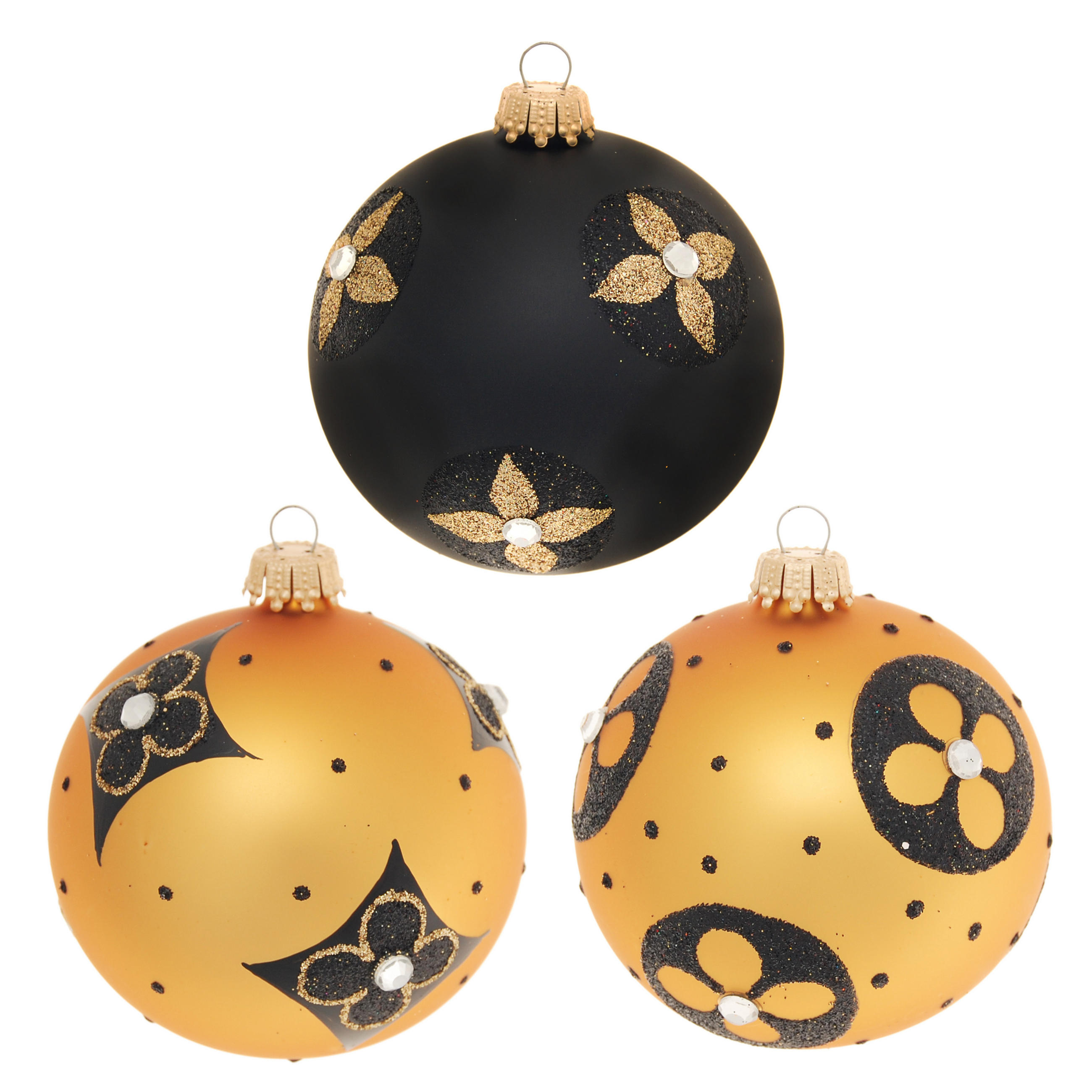 CHRISTBAUMKUGELN Blumen mit Strasssteinen Goldfarbig 8cm (Glas / 3 Stk.) - Goldfarben, Glas (7/8/7cm) - Krebs Glas Lauscha