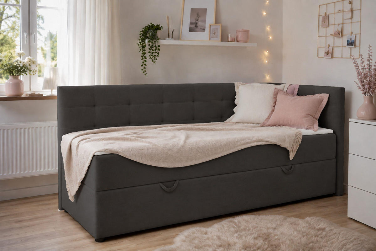 BOXBETT FAVIO 100/200 in Velours Anthrazit H3 - Anthrazit, Holz/Holzwerkstoff (100/200cm) - Deine Möbel 24