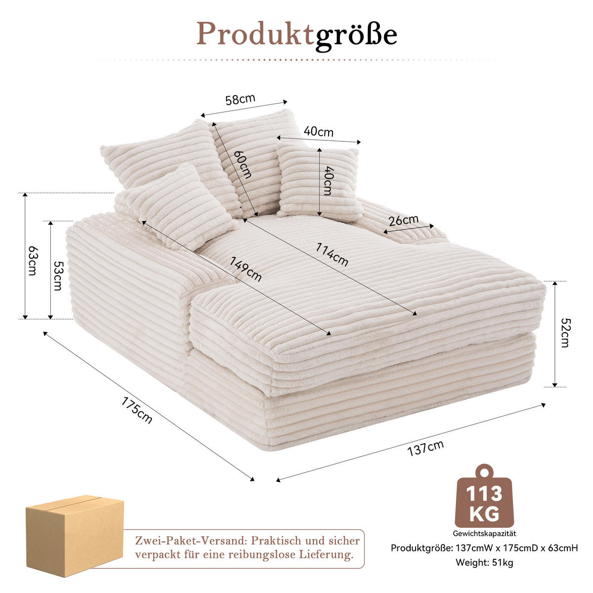 CHAISELONGUE Cordstoff mit Memory-Schaum und 4 Kissen 137/175/63 cm Beige - Beige, Textil (137/63/175cm) - Redom