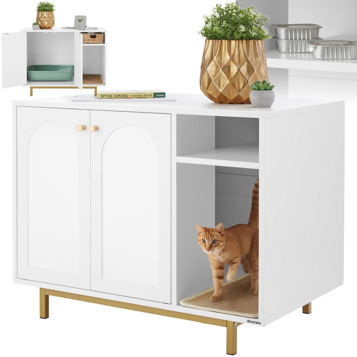 KATZENSCHRANK Kalea,inklusive Kratzmatte, 80 x 52 x 61,5 cm,weiß/gold - Goldfarben/Weiß, Holz (80/61.5/52cm) - tectake