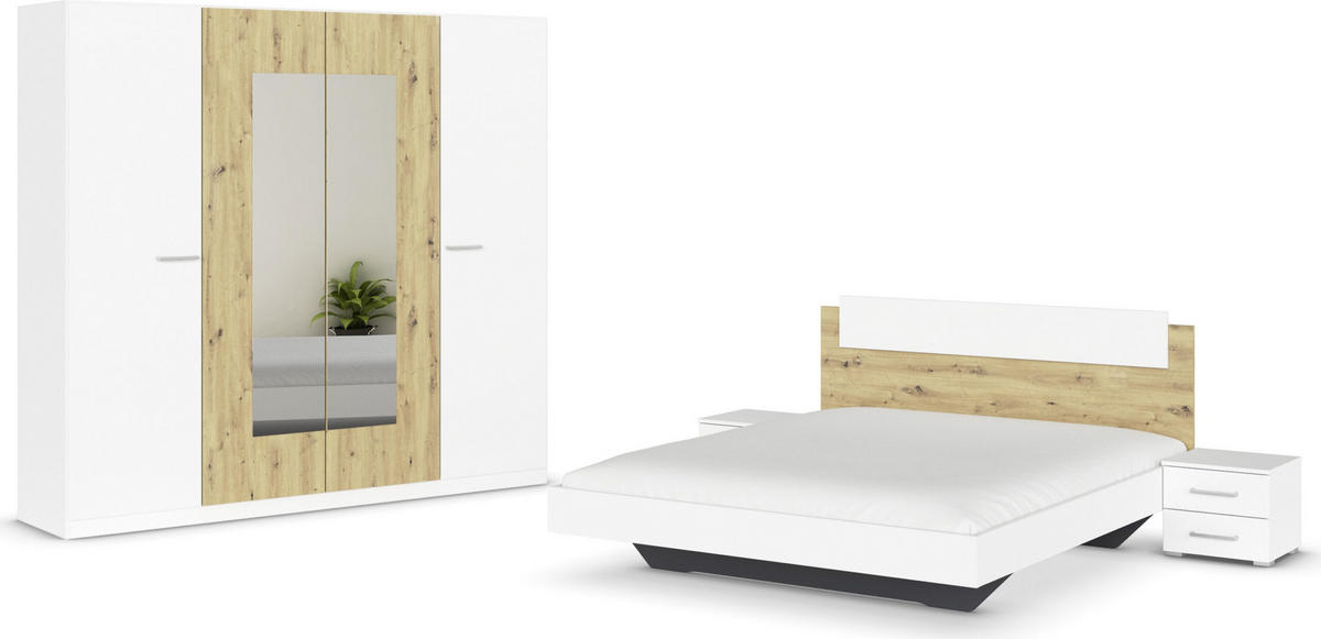 SCHLAFZIMMER Borba in Weiß und Eiche 4 teilig – mit Bettanlage 160x200cm, zwei Nachttisch und Drehtürenschrank 225cm Breite - Weiß, Holzwerkstoff (80/200/120cm)