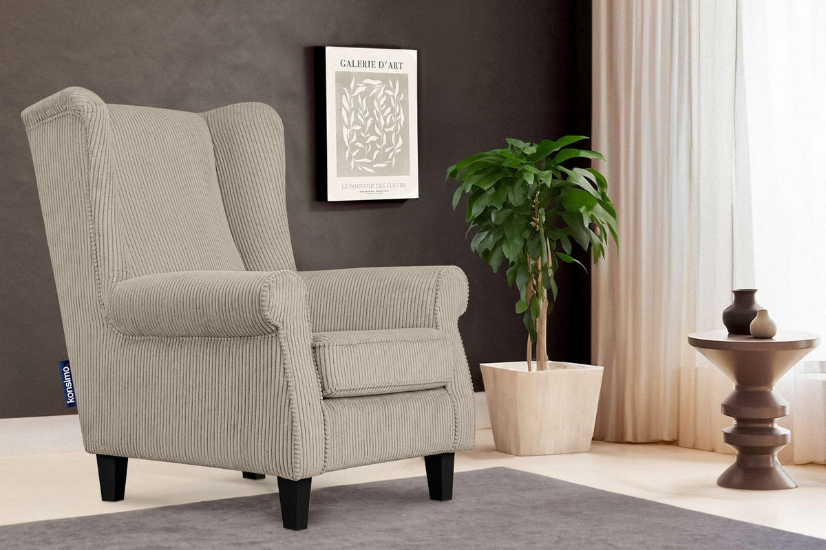 OHRENSESSEL MILES mit Armlehnen, hellbeige - Beige, Holz/Textil (82/105/97cm) - KONSIMO®