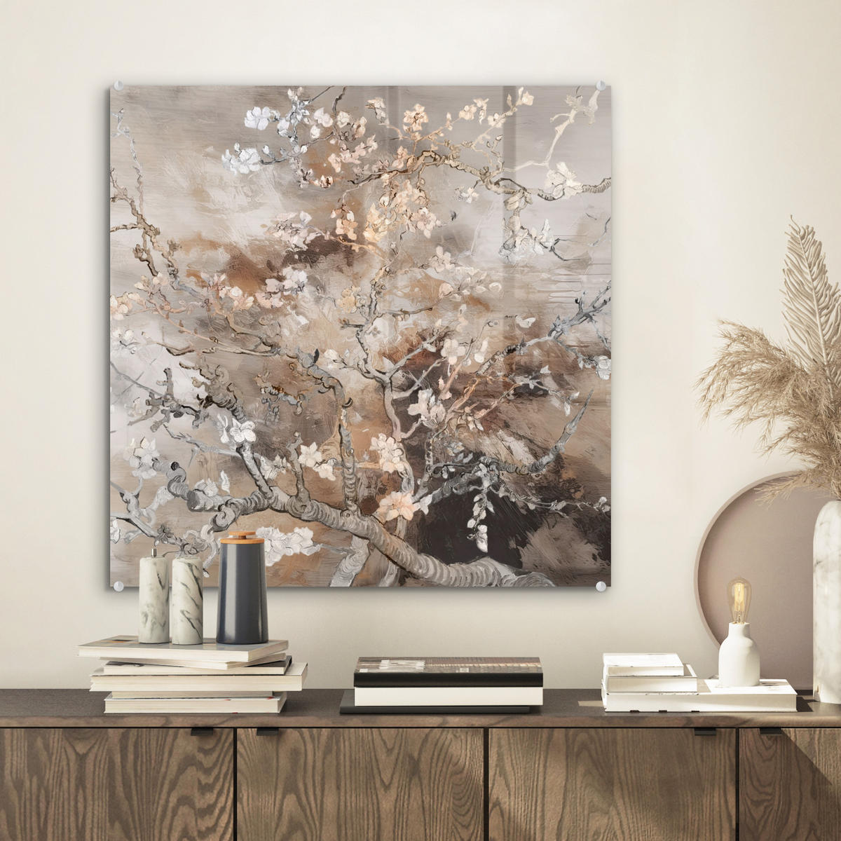 ACRYLGLASBILD Mandelblüte - Kunst - Van Gogh - Beige - Abstrakt 50x50 cm - Braun, Glas (50/50cm) - MuchoWow