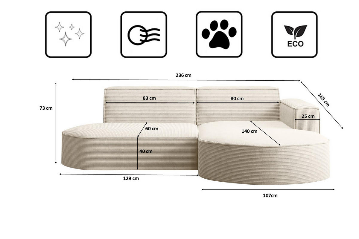 ECKSOFA Modena Studio, Cord Stoff Ecru Rechts - Ecru, Holzwerkstoff/Textil (236/165cm) - Kaiser Möbel