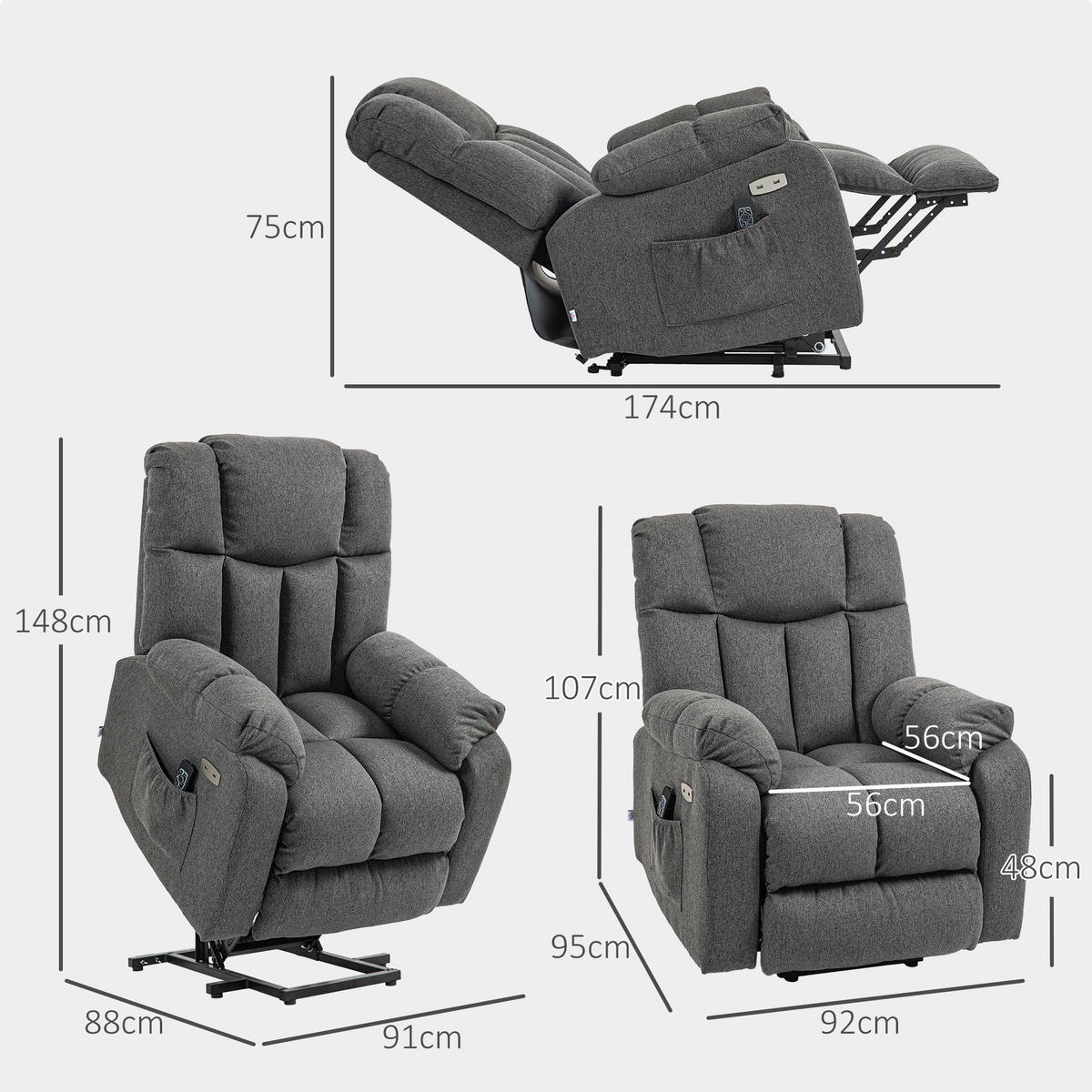 FERNSEHSESSEL mit Aufstehhilfe Elektrisch Relaxsessel mit Liegefunktion - Dunkelgrau, Textil (95/107/92cm) - HOMCOM