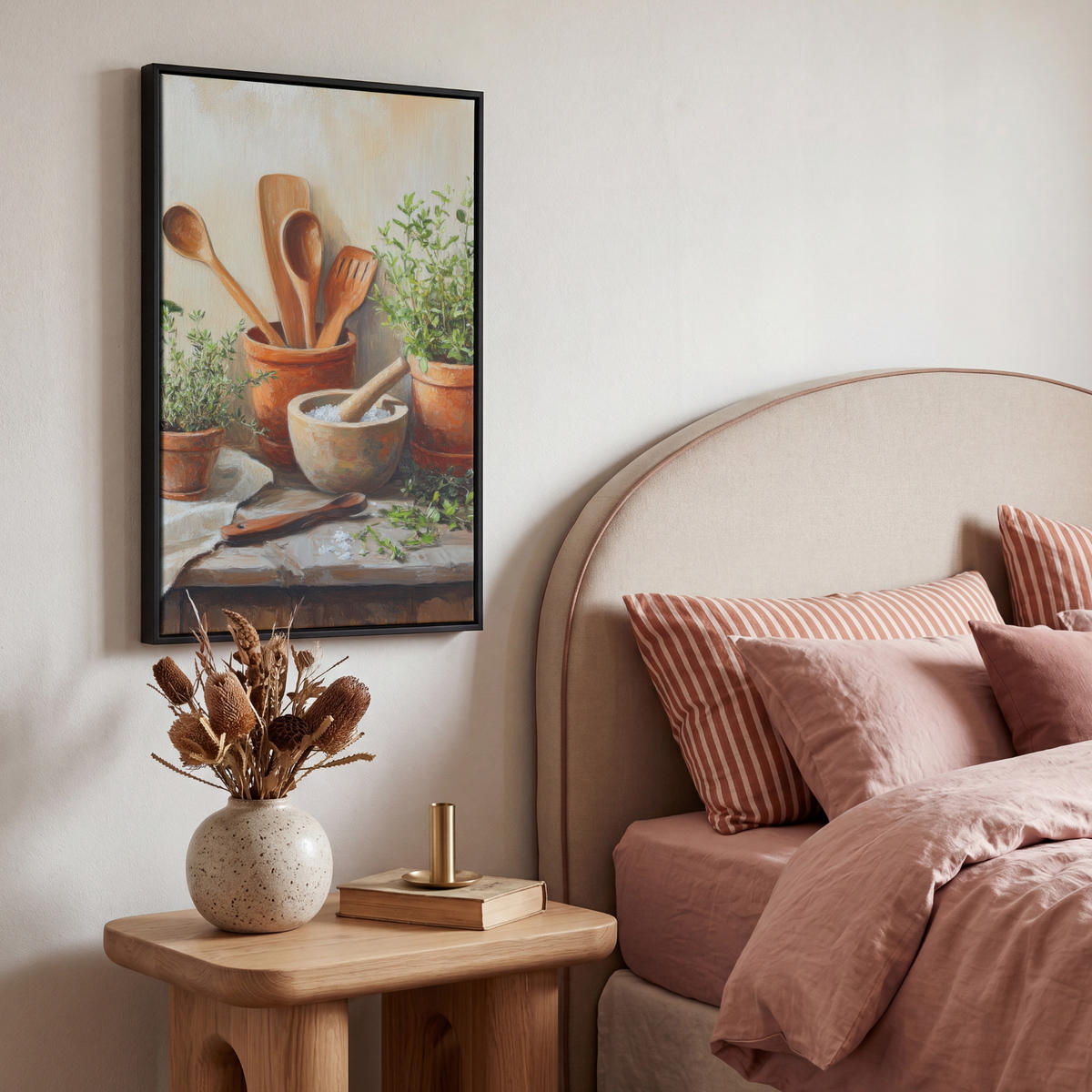 LEINWAND Bilder mit Rahmen - Töpfe - Kräuter - Holz - 40x60 - Terracotta, Textil (40/60cm) - MuchoWow