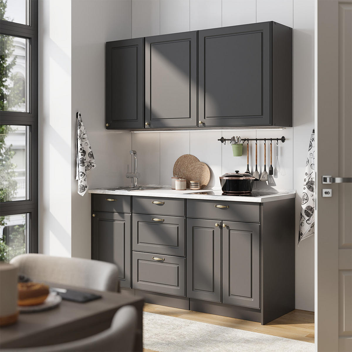 SINGLEKÜCHE Fame-Line, Anthrazit-Gold Landhaus/Anthrazit, 150 cm, AP Marmor - Anthrazit, Holzwerkstoff (150/82/60cm) - Vicco