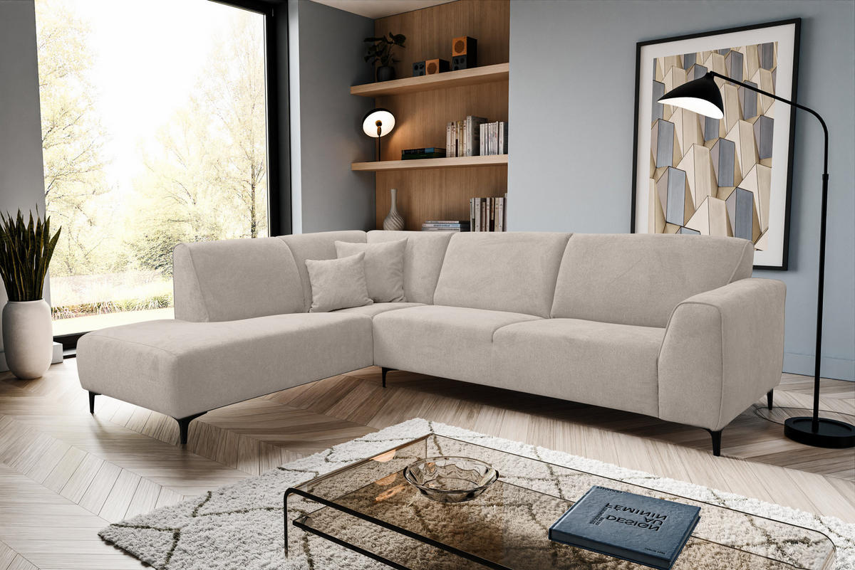 ECKSOFA Mula in L-Form, Coach Farbe: Beige, Velourstoff, Ottomane Links - Beige, Textil (210/274cm) - VENASI MÖBEL