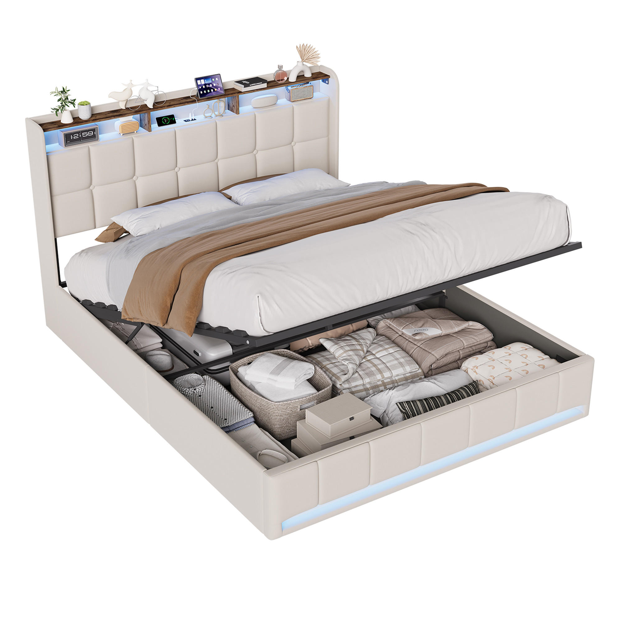 POLSTERBETT 160x200 cm Beige mit LED Beleuchtung, Kopfteil mit Stauraum und USB/Type-C, hydraulisches Stauraumbett - Beige, Metall (160/200cm) - EuroLiving