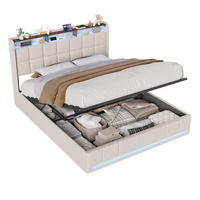 POLSTERBETT 160x200 cm Beige mit LED Beleuchtung, Kopfteil mit Stauraum und USB/Type-C, hydraulisches Stauraumbett - Beige, Metall (160/200cm) - EuroLiving