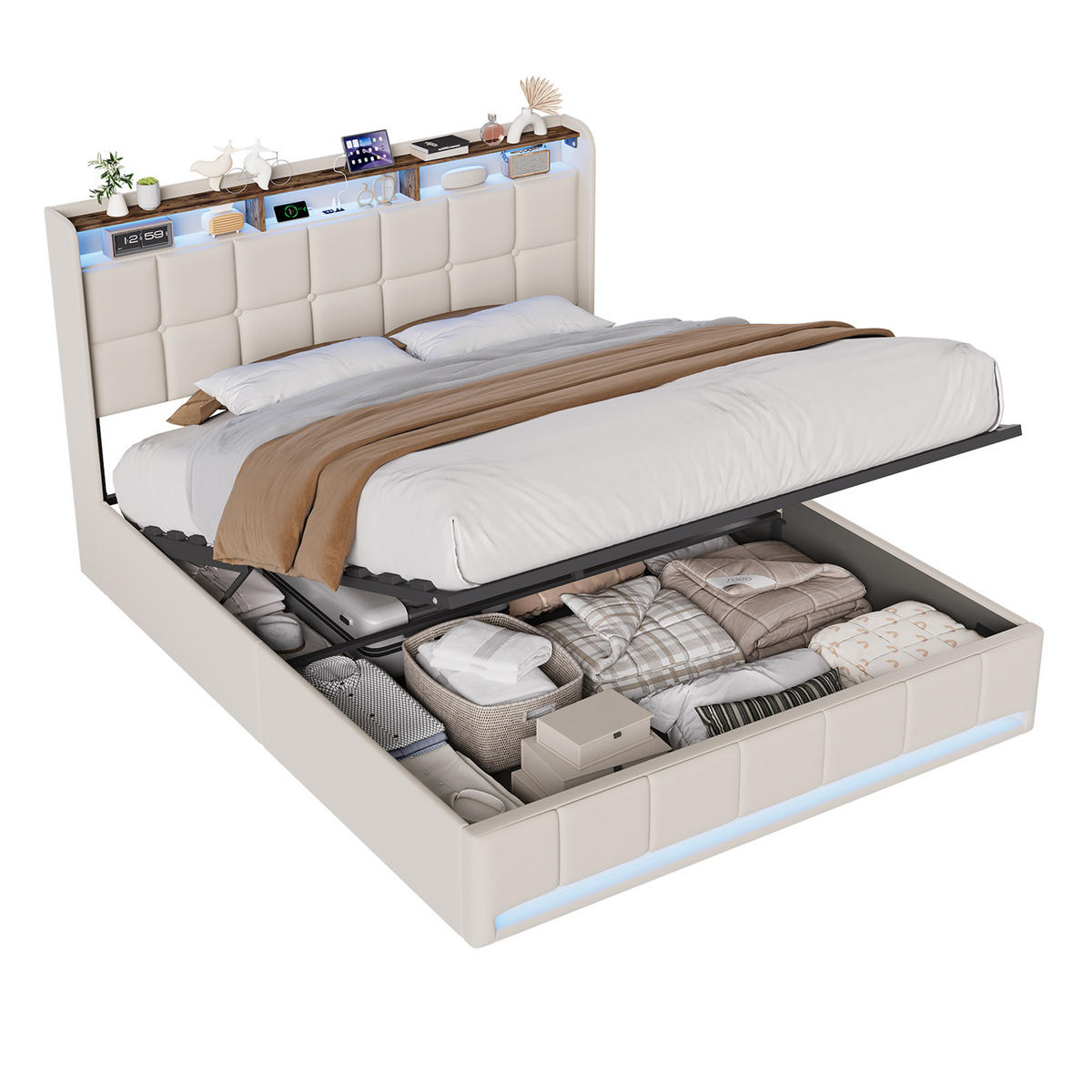 POLSTERBETT 160x200 cm Beige mit LED Beleuchtung, Kopfteil mit Stauraum und USB/Type-C, hydraulisches Stauraumbett - Beige, Metall (160/200cm) - EuroLiving