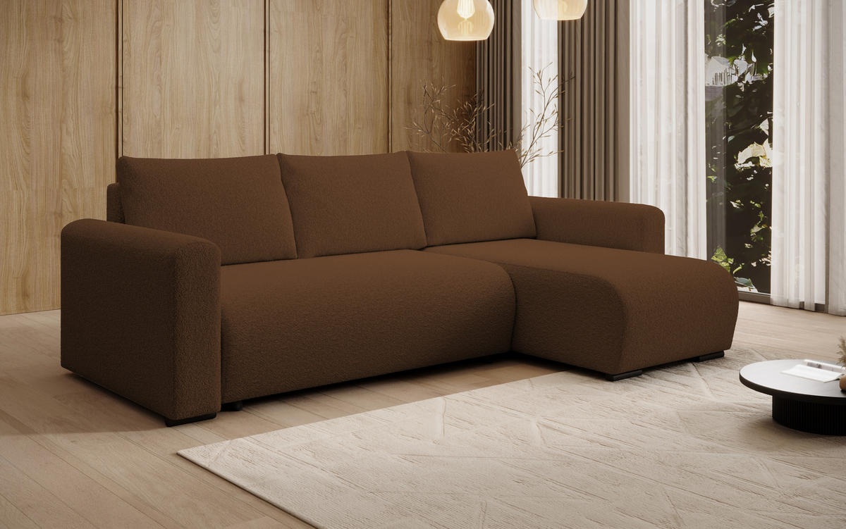 ECKSOFA DORA L, Eckcouch in L-Form mit Schlaffunktion und Bettkasten, Farbe: Braun, Bouclé-Stoff, Ottomane Rechts - Braun, Textil (240/143cm) - Storez24