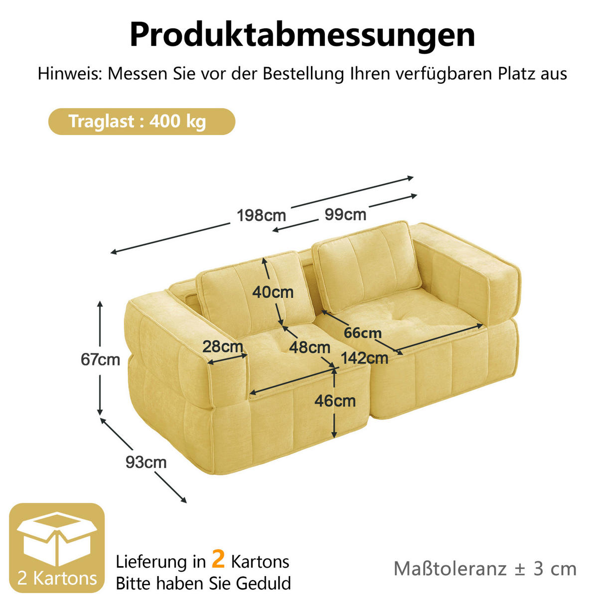SOFA 198/93/67 cm in Gelb, modular, rahmenlos und mit tiefer Sitzfläche - Gelb, Kunststoff (93/67/198cm) - Flora Grace