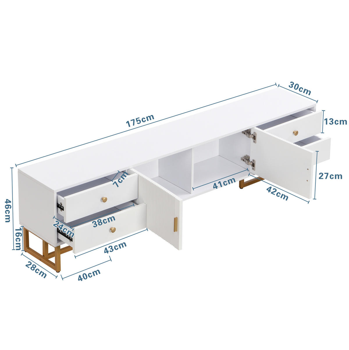 TV-SCHRANK 175/30/46 cm weiß MDF mit 4 Schubladen und goldenen Griffen - Weiß, Holzwerkstoff (175/46/30cm) - OKWISH