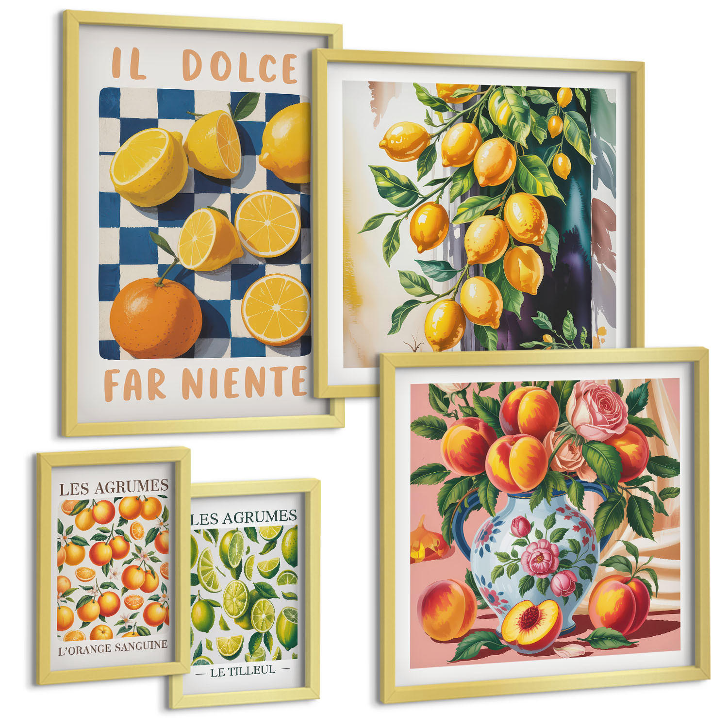 BILDER SET 5er Set - 50x50 cm & 20x30 cm & 40x60 cm Goldrahmen - Zitronenbäume im Topf - Goldfarben, Kunststoff (40/60cm) - TULUP