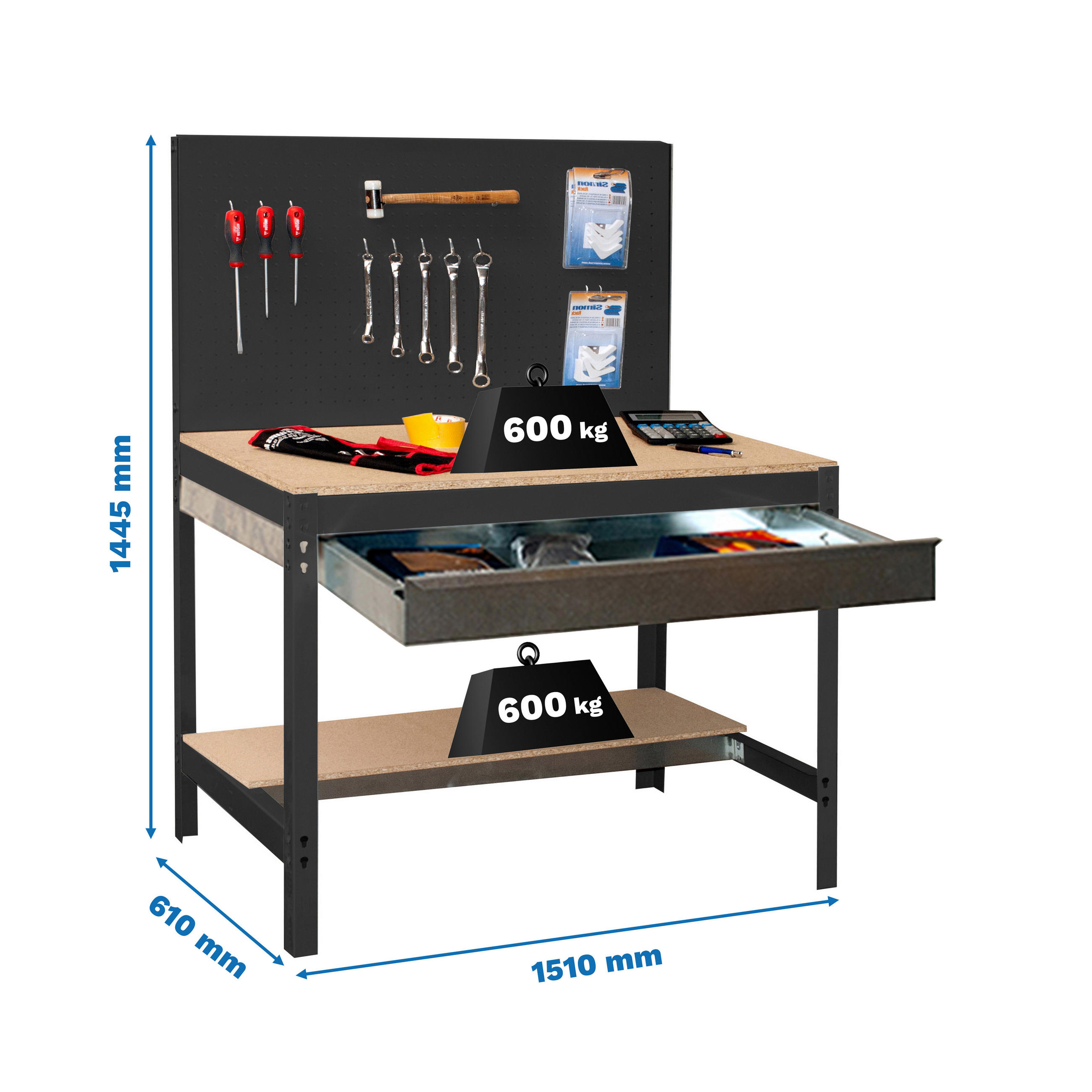 WERKBANK BUFFALO mit Werkzeugwand und Schubfach | HxBxT 84x150x61cm | Traglast 600kg | Anthrazit - Silberfarben, Metall (150/84/61cm) - PROREGAL