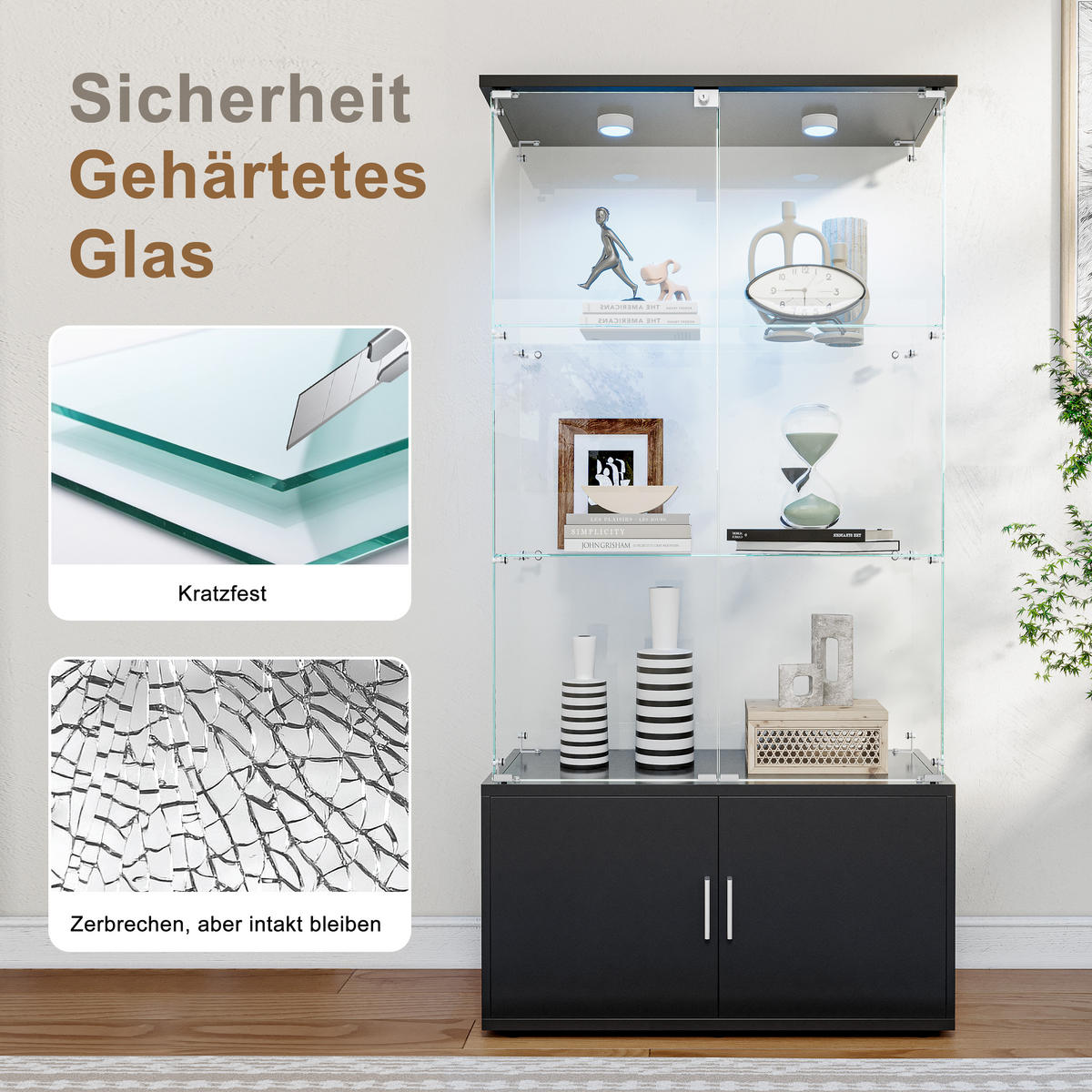 GLASVITRINE 4 Türen 6 Einlegeböden LED Touch schwarz - Schwarz, Holz (78.5/164/35cm) - Fortuna Lai