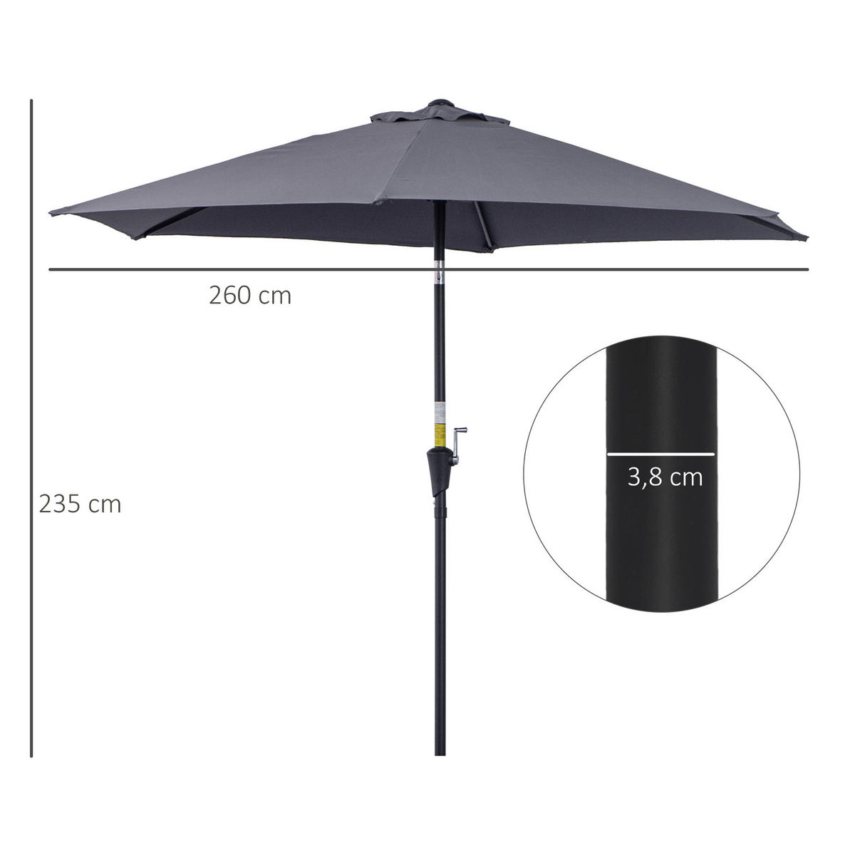 SONNENSCHIRM DE-11415 neigbar, mit Kurbel, Aluminium Grau - Grau, Metall (260/260cm) - ComfortXL