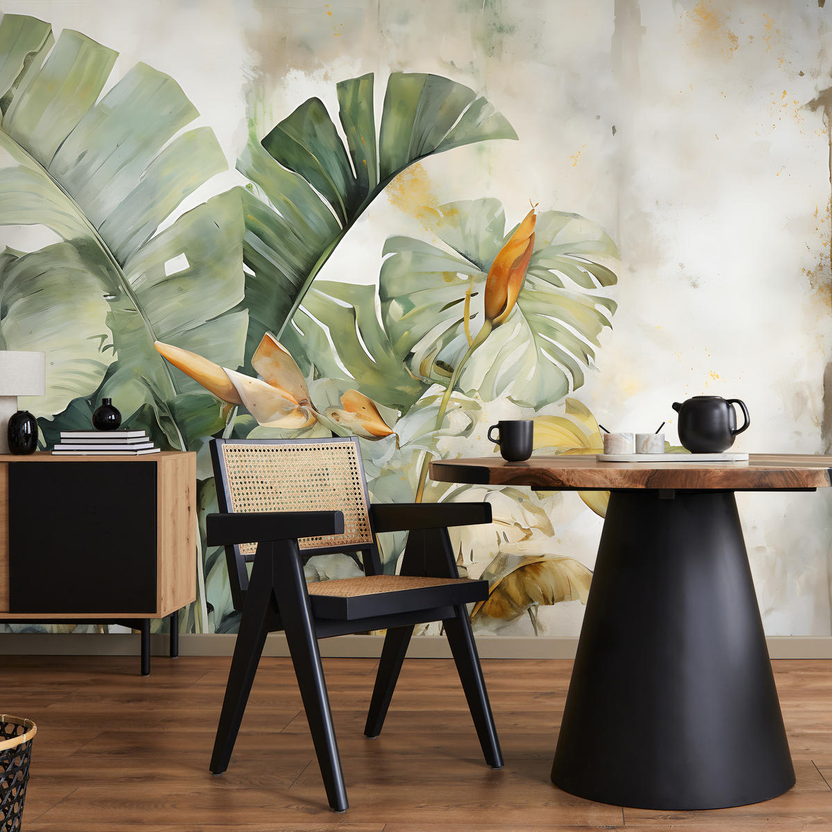 FOTOTAPETE für Wohnzimmer Exotische Blätter Abstrakt Pastell 300x210 - Gelb/Beige, Papier (300/210cm) - Muralo