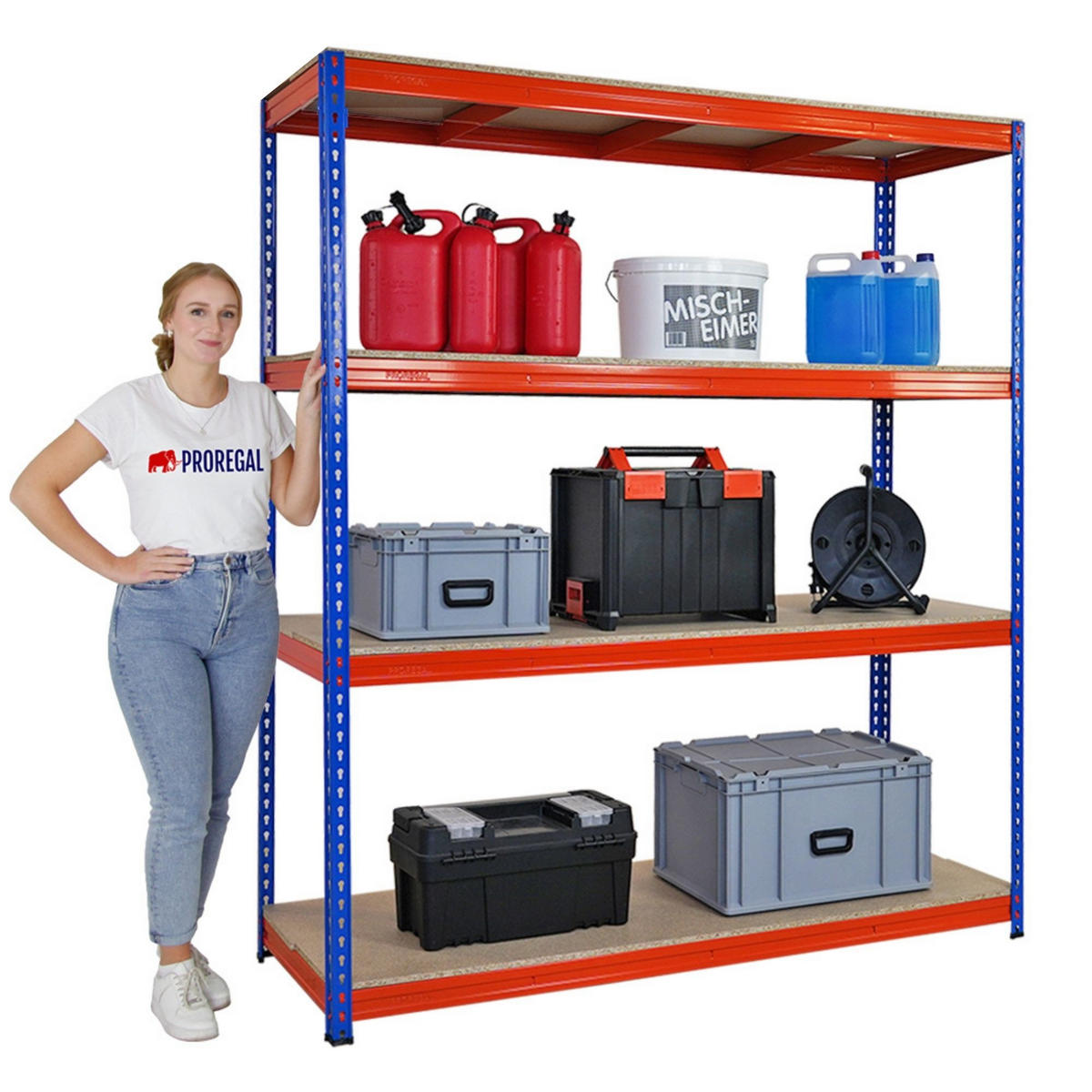 SCHWERLASTREGAL Bison 200x180x60 cm 4 Spanplatten-Ebenen 16mm Fachlast 600 kg Blau-Orange - Blau, Metall (180/200/60cm) - PROREGAL