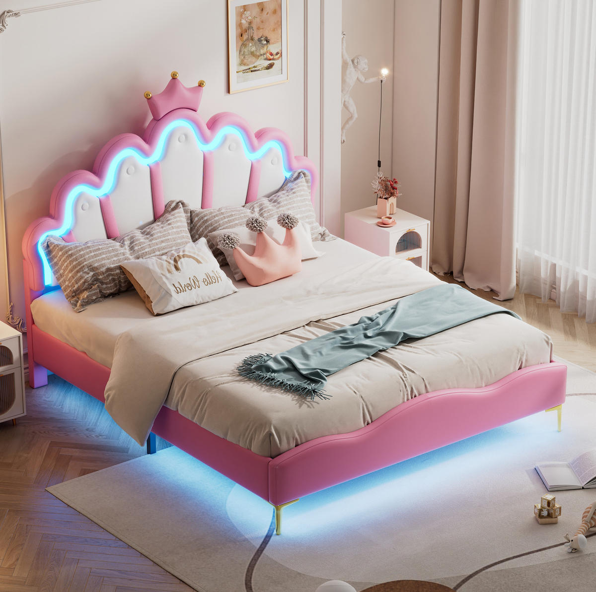 KINDERBETT aus PU-Kunstleder 140x200 cm Rosa mit LED-Beleuchtung und höhenverstellbarem Kopfteil im Kronendesign - Rosa, Kunststoff (140/200cm) - Modfu