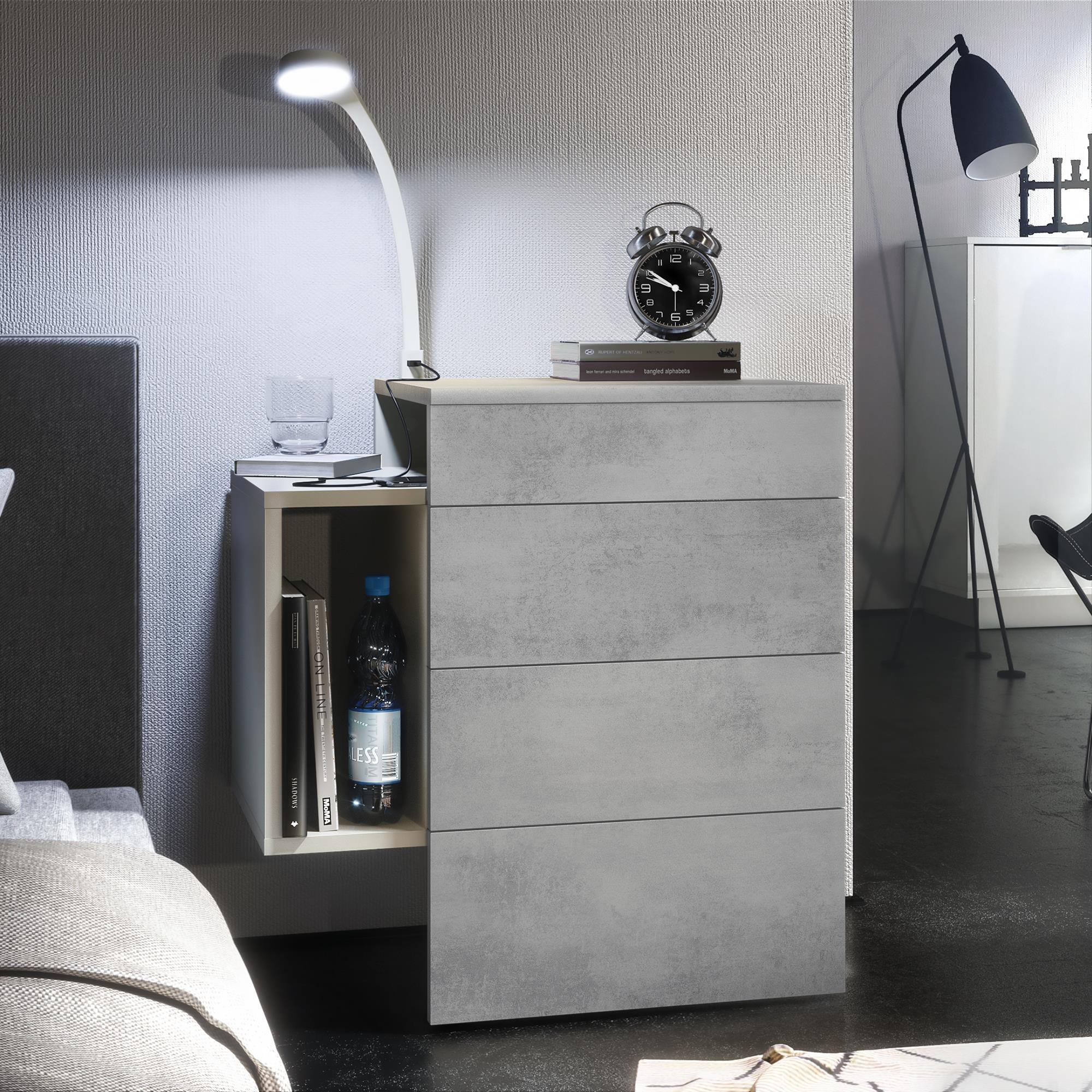 NACHTTISCH Queens Front in Beton Oxid Optik - Hellgrau, Holzwerkstoff (60/63/36cm) - Vladon