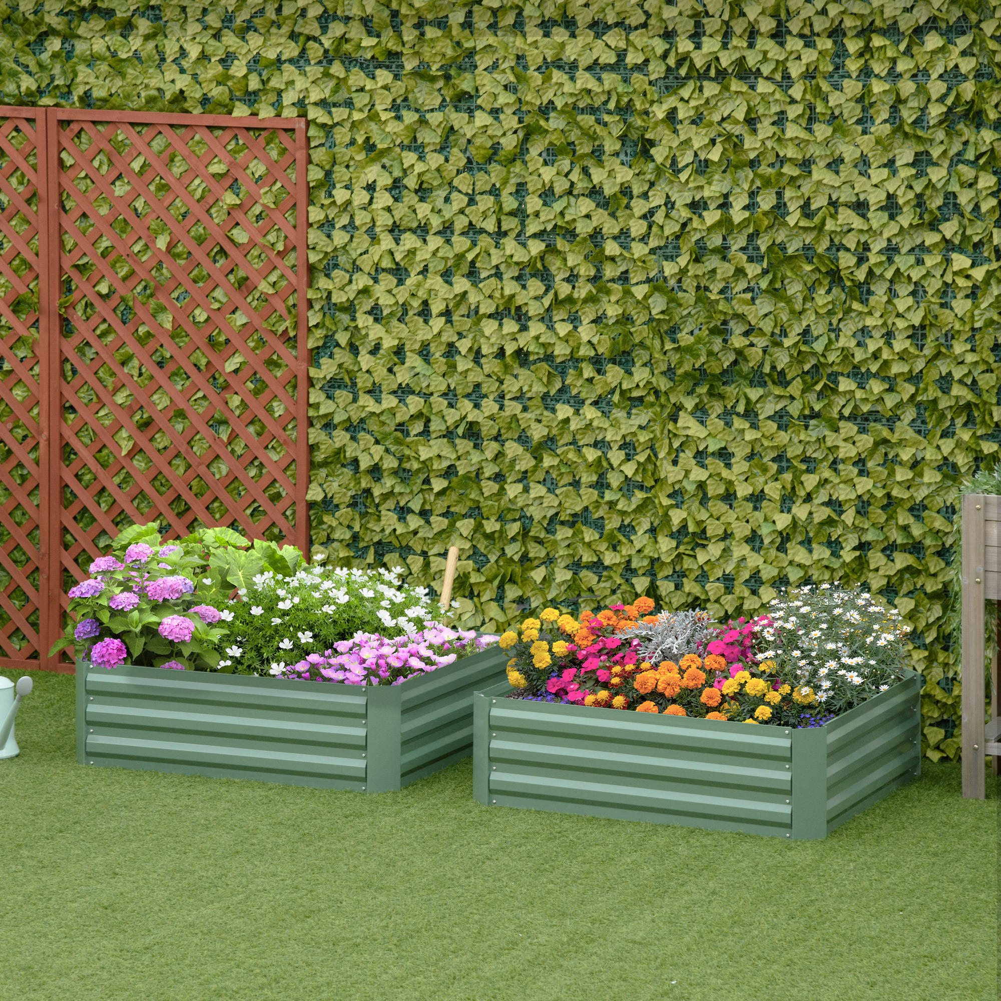 PFLANZENBEET-SET, Pflanzkübel, Blumenkübel für Garten, Terrasse, Verzinkter Stahl, Grün, 100 x 100 x 30 cm - Grün, Metall (100/30/100cm) - Outsunny