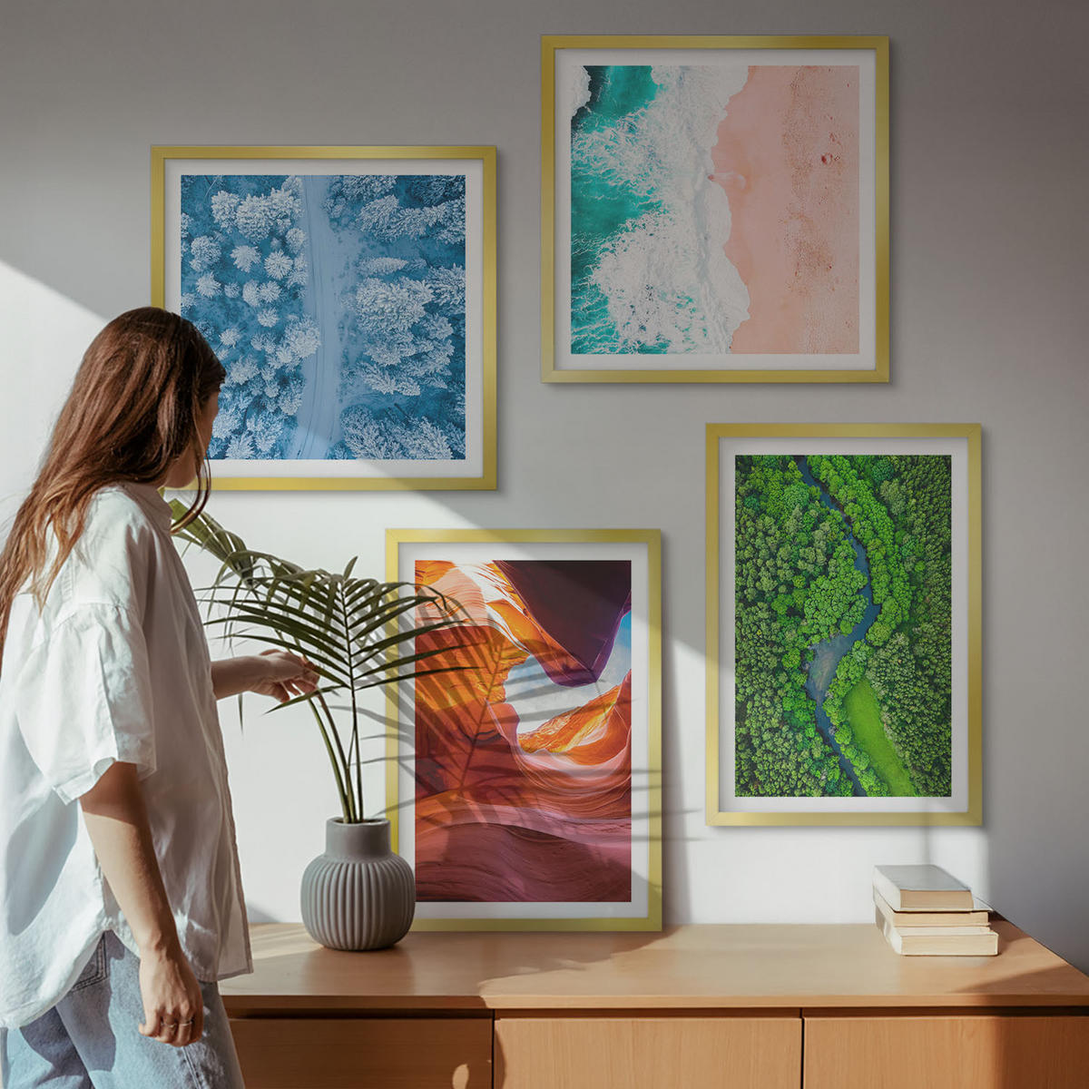 WANDBILDER 4er Set - 50x50 cm & 40x60 cm Goldrahmen - Grün der Wasserschlucht im Winter - Goldfarben, Kunststoff (50/50cm) - ArtPrintCave