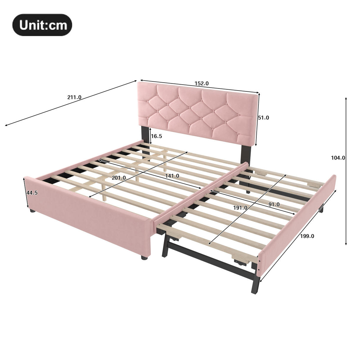 POLSTERBETT 140/200 cm rosa aus Samt mit Rollbett - Rosa, Textil (140/200cm) - OKMYHOME