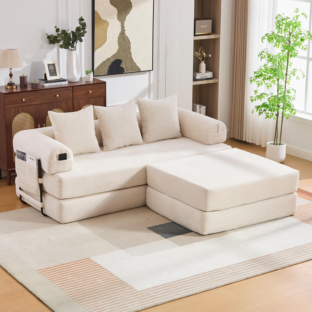 ECKSOFA Cord Beige mit Hocker und Kissen - Beige, Textil/Metall (218/285cm) - WISHDOR