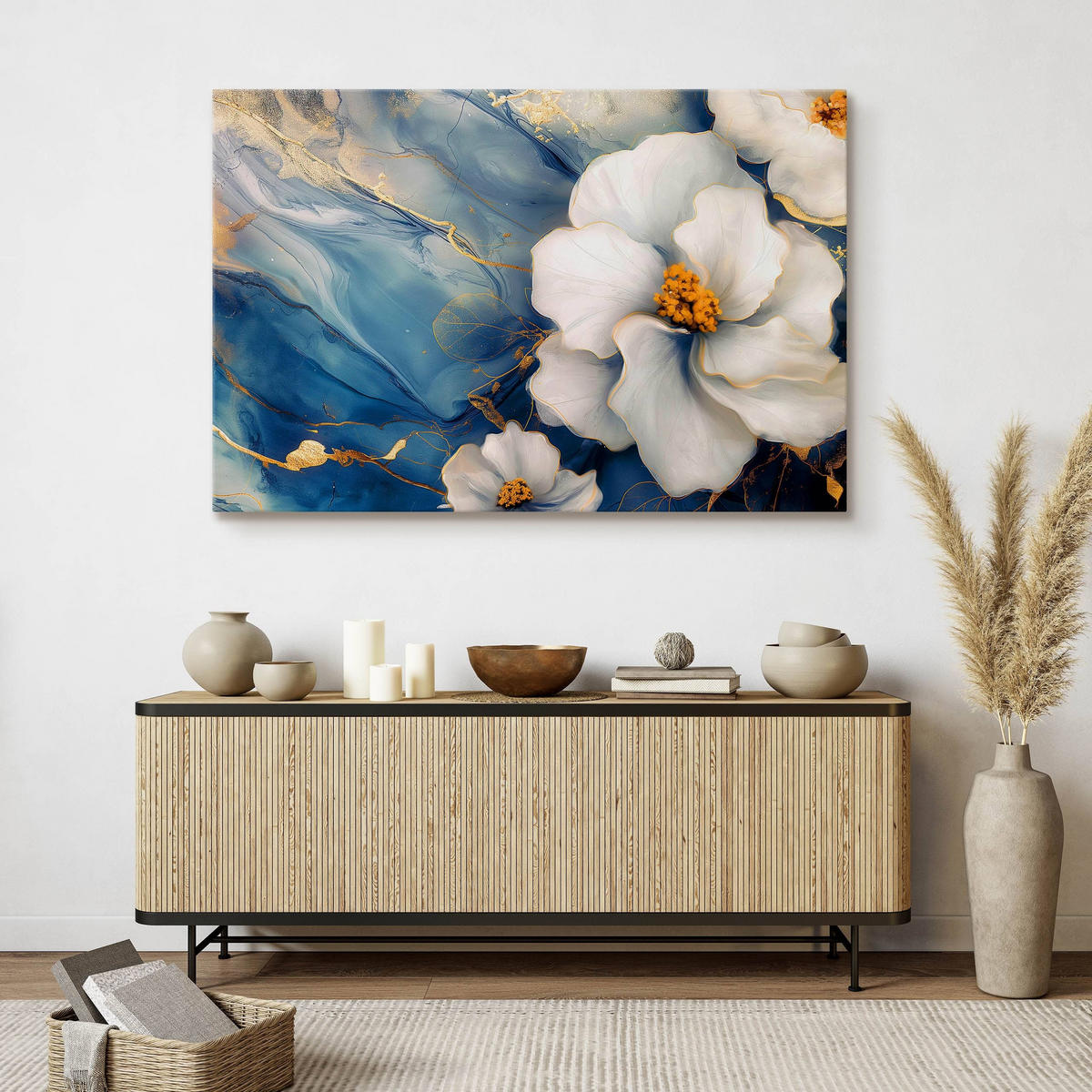 LEINWANDBILD Blumen Marmor Abstraktion Glamour 100cm x 70cm - Blau/Beige, Textil (100/70cm) - Muralo