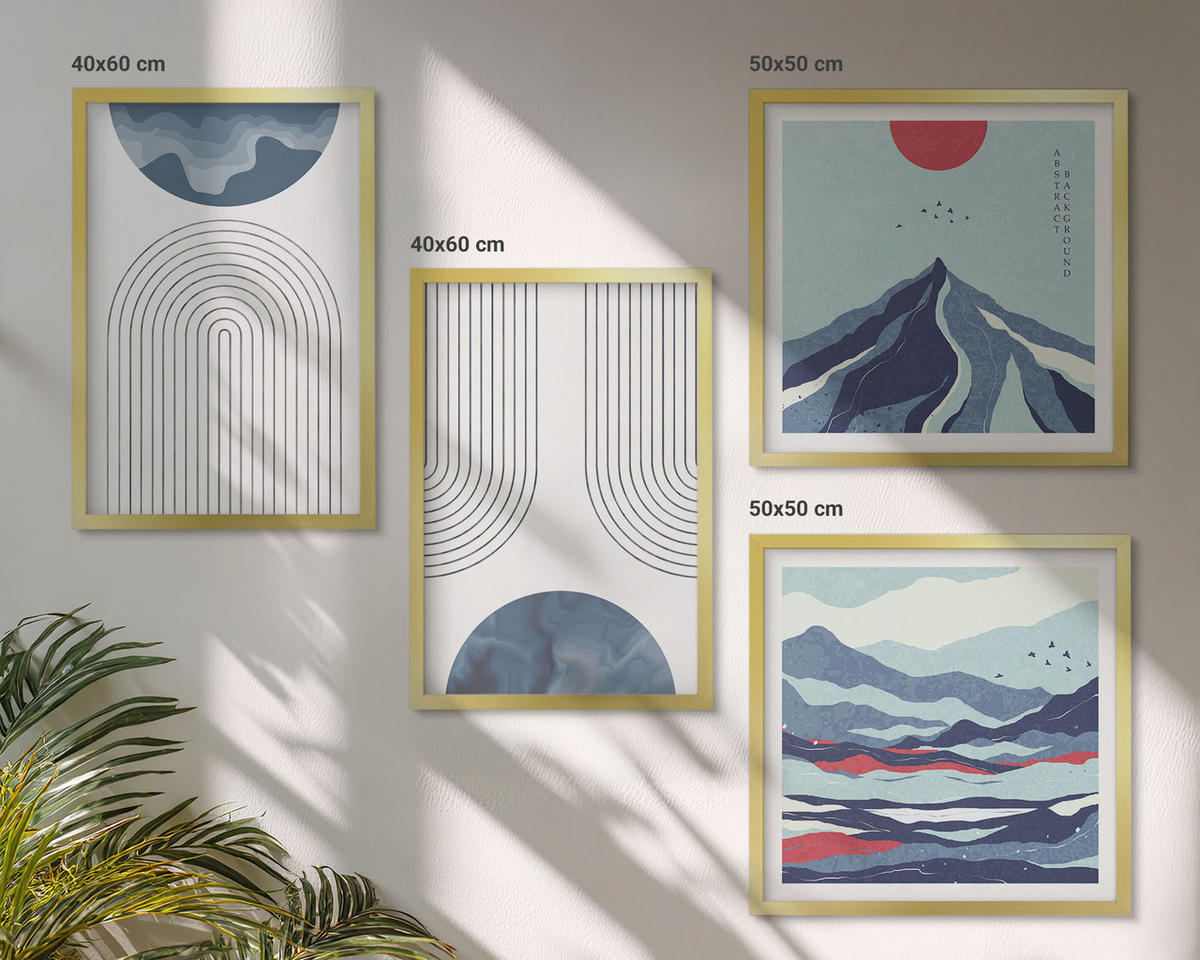BILDER SET 4er Set - 50x50 cm & 40x60 cm Goldrahmen - Abstrakte Berglandschaften - Goldfarben, Kunststoff (50/50cm) - TULUP