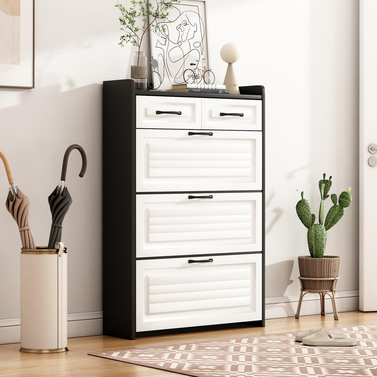 SCHUHKOMMODE mit 3 Klappen und 2 Schubladen, Spanplatte, 80/23,5/131 cm, Weiß/Schwarz - Schwarz, Holzwerkstoff (23.5/131/80cm) - Redom