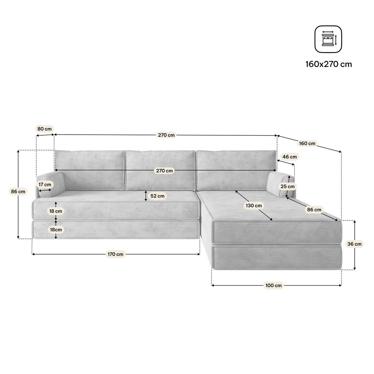 ECKSOFA ANKO modulares Boneless Sofa mit Schlaffunktion Grau Kordstoff - Grau, Textil (270/160cm) - MASSENO