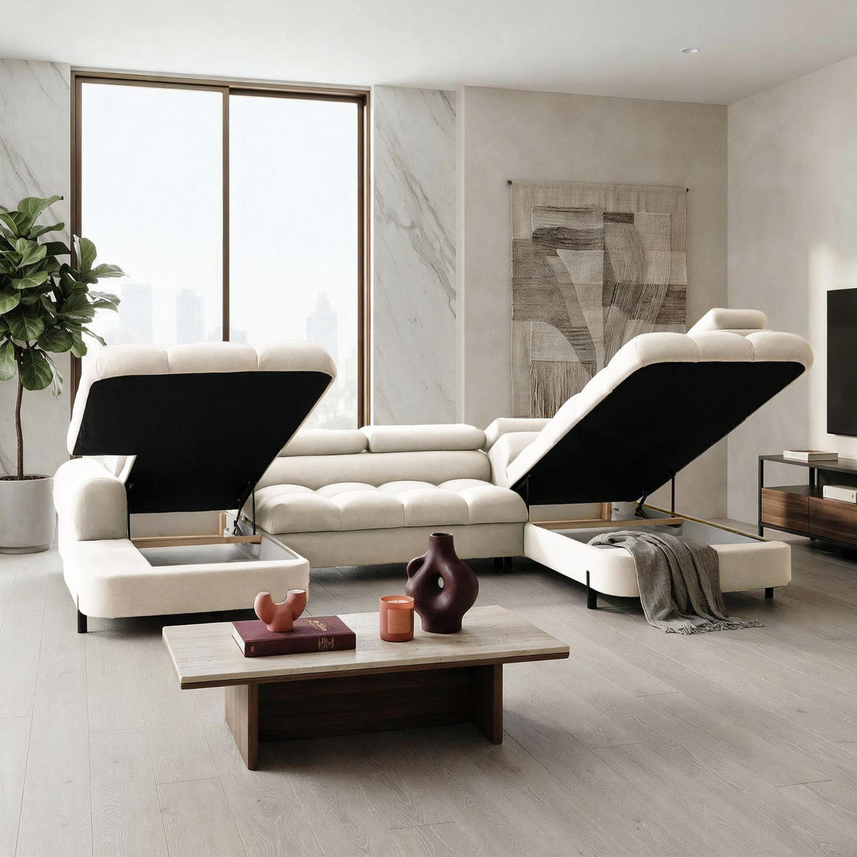 ECKSOFA U-Form BOWL U Rechts mit Schlaffunktion 125x265 Velours Creme - Creme/Schwarz, Holz/Textil (195/90/339cm) - Muffo