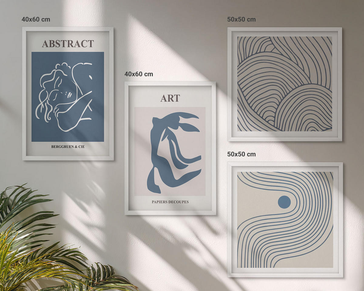 WANDBILDER 4er-Set - 50x50 cm & 40x60 cm Weißer Rahmen - Poster mit abstrakten Linien und Wellen - Weiß, Kunststoff (50/50cm) - ArtPrintCave