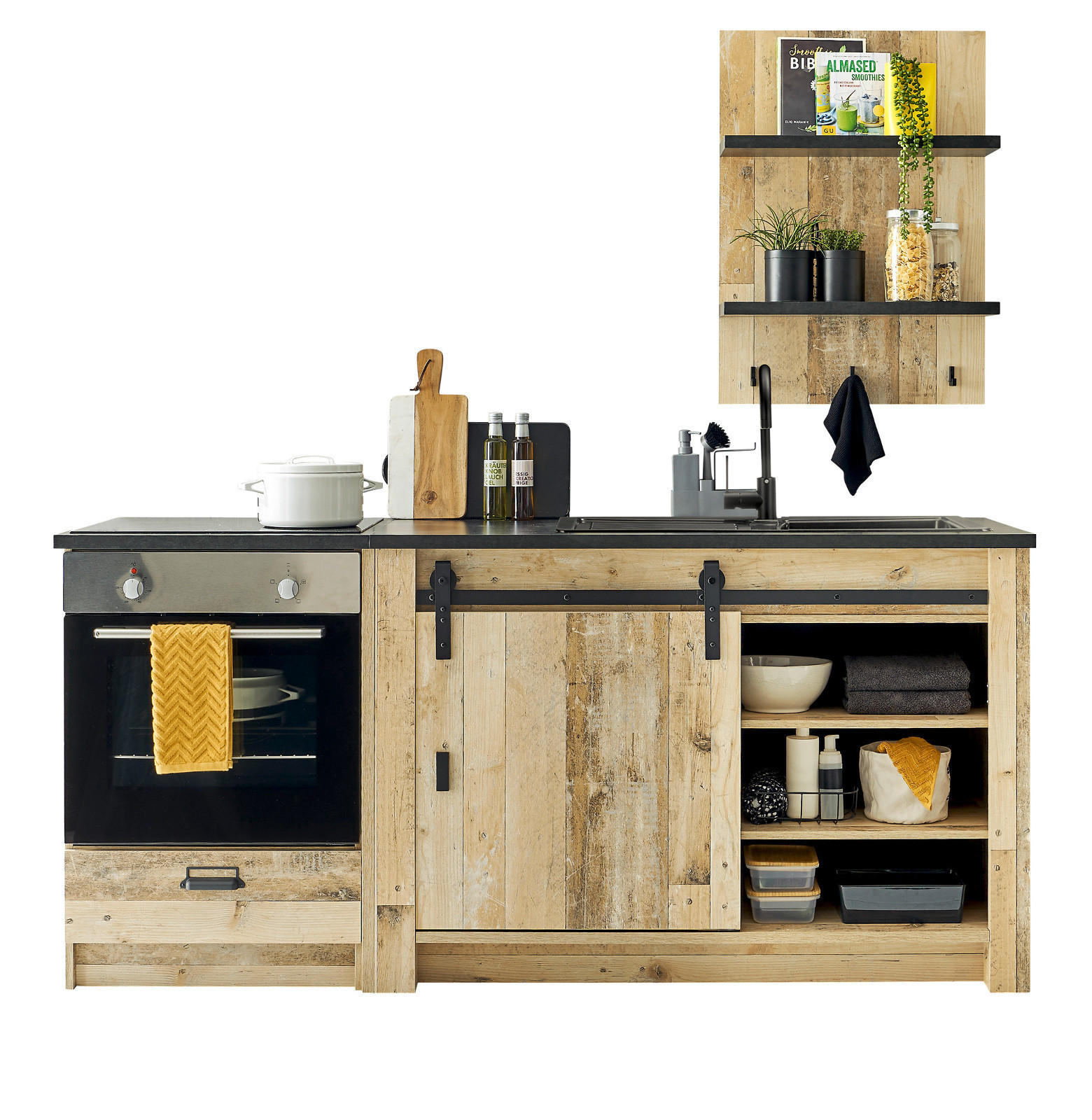 KÜCHEN-SET Used Wood hell, anthrazit 196 cm, Küchenschrank Set 3-teilig mit Schiebetür - Anthrazit/Schwarz, Holzwerkstoff/Metall (196/180/64cm) - Furn.Design