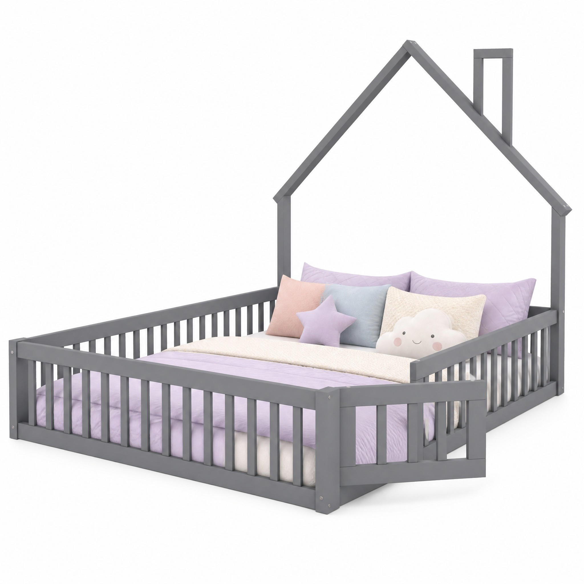 HAUSBETT 140/200 mit Schornstein-Design und Sicherheitsgitter in Grau - Grau, Holzwerkstoff (140/200cm) - EVRYAE