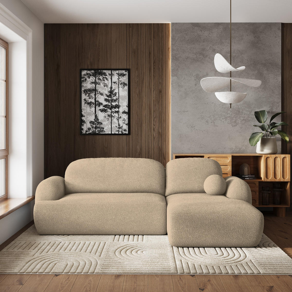 ECKSOFA MODENZA N R-S Creme Boucle-Stoff mit Schlaffunktion - Creme/Schwarz, Holz/Kunststoff (266/148cm) - MASSENO